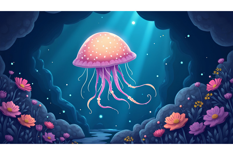 a-glowing-cartoon-jellyfish-floating-near-a-mysterious-cave