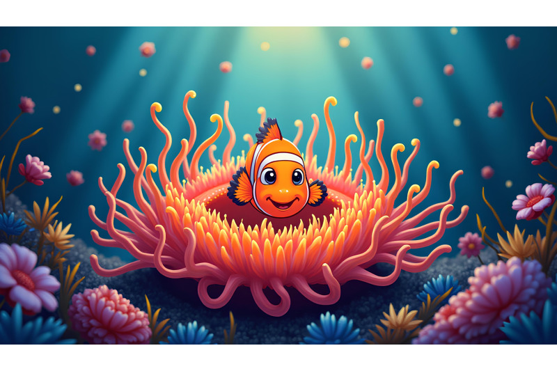 a-glowing-cartoon-sea-anemone-with-clownfish-peeking-out