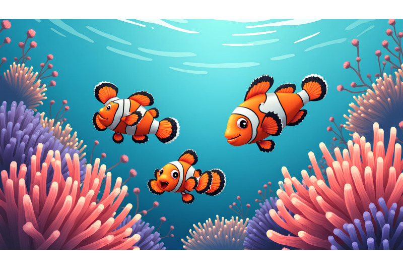 a-group-of-cartoon-clownfish-playing-among-anemones