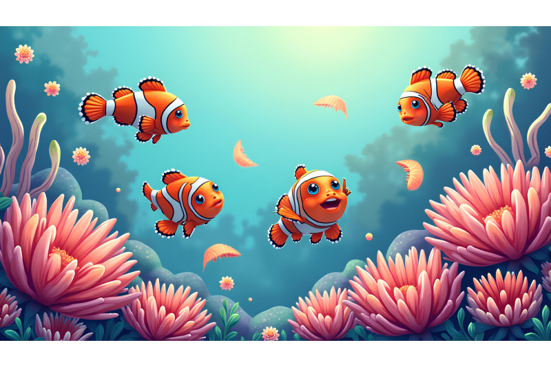 a-group-of-cartoon-clownfish-playing-among-anemones