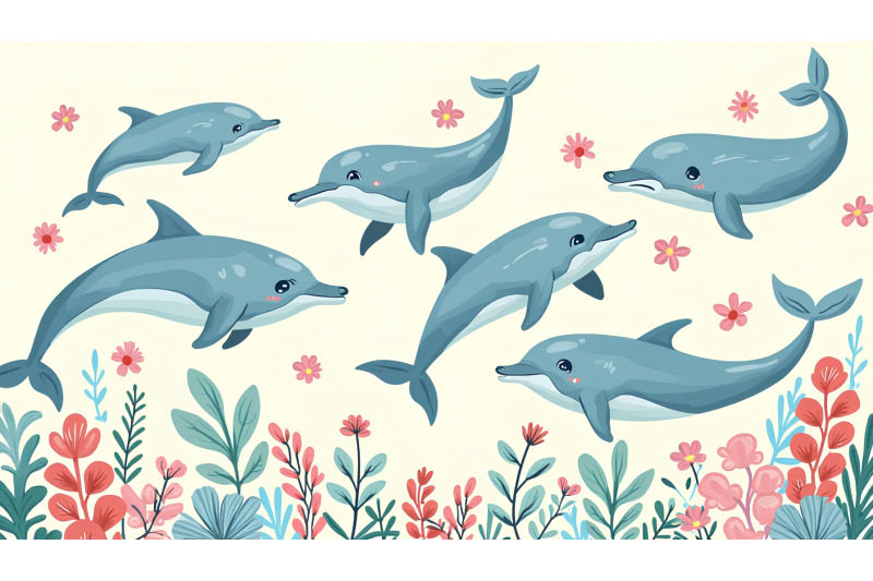 a-group-of-cartoon-dolphins-swimming-in-synchronized-patterns
