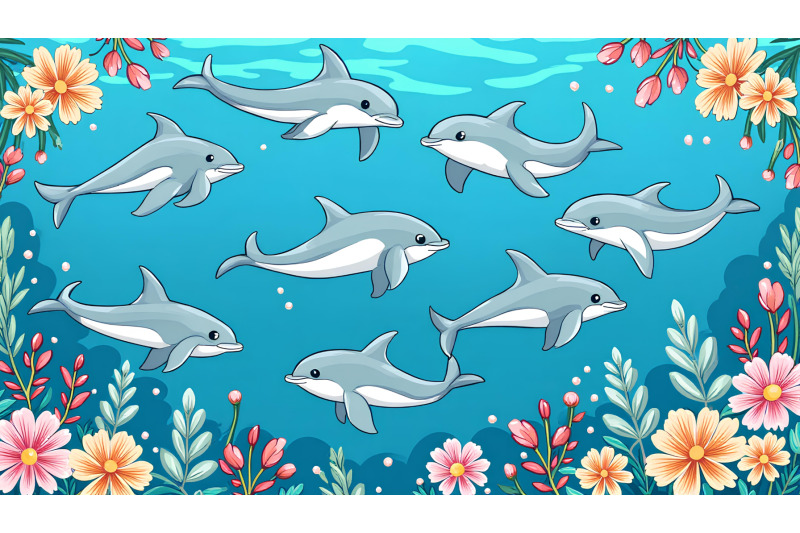 a-group-of-cartoon-dolphins-swimming-in-synchronized-patterns
