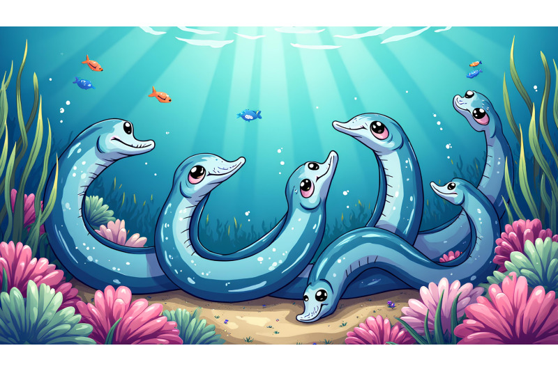 a-group-of-cartoon-eels-forming-funny-shapes-in-a-reef
