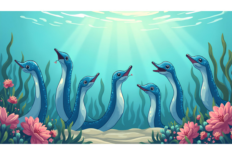 a-group-of-cartoon-eels-popping-out-of-underwater-holes