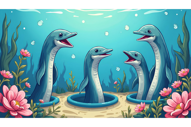 a-group-of-cartoon-eels-popping-out-of-underwater-holes