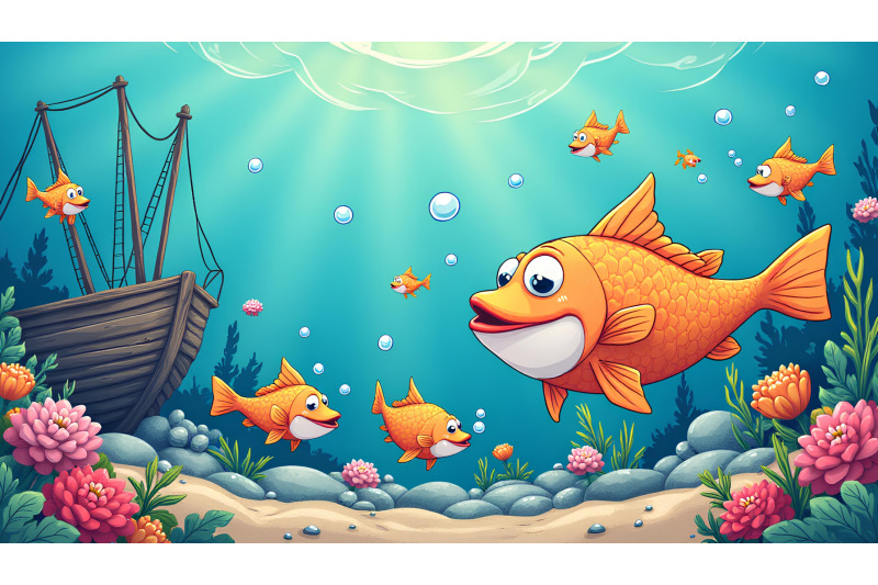 a-group-of-cartoon-fish-blowing-bubbles-near-a-shipwreck