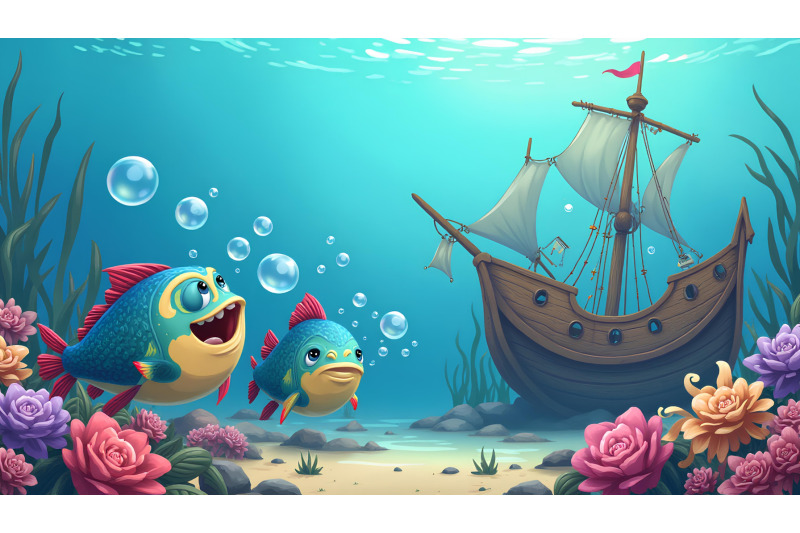 a-group-of-cartoon-fish-blowing-bubbles-near-a-shipwreck