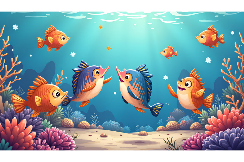 a-group-of-cartoon-fish-having-a-dance-party-near-coral