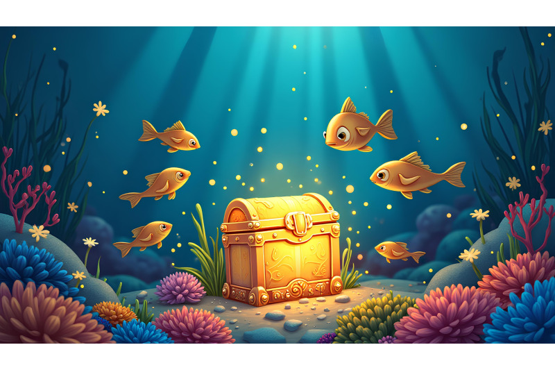 a-group-of-cartoon-fish-swimming-around-a-glowing-sea-treasure