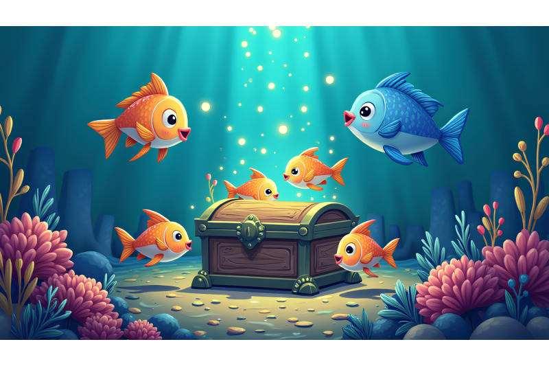 a-group-of-cartoon-fish-swimming-around-a-glowing-sea-treasure