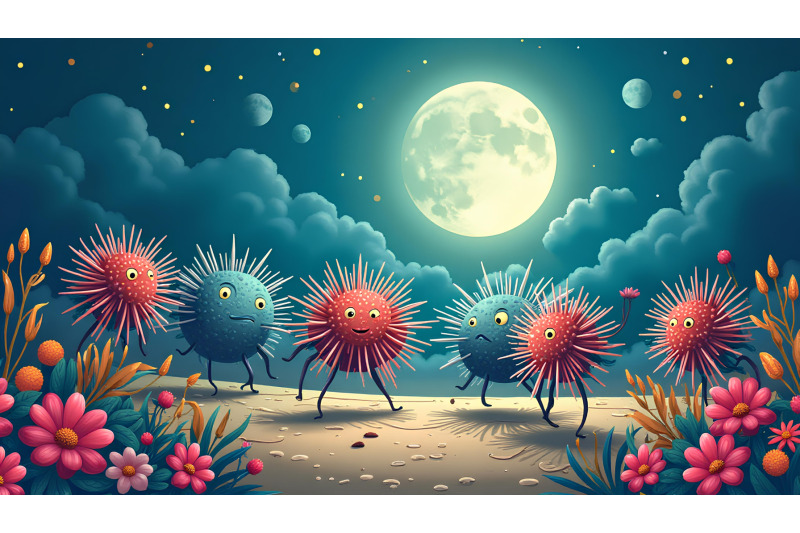 a-group-of-cartoon-sea-urchins-dancing-under-the-moonlight