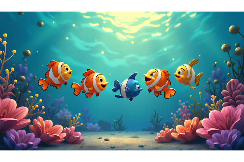 a-group-of-dancing-cartoon-fish-near-a-glowing-coral