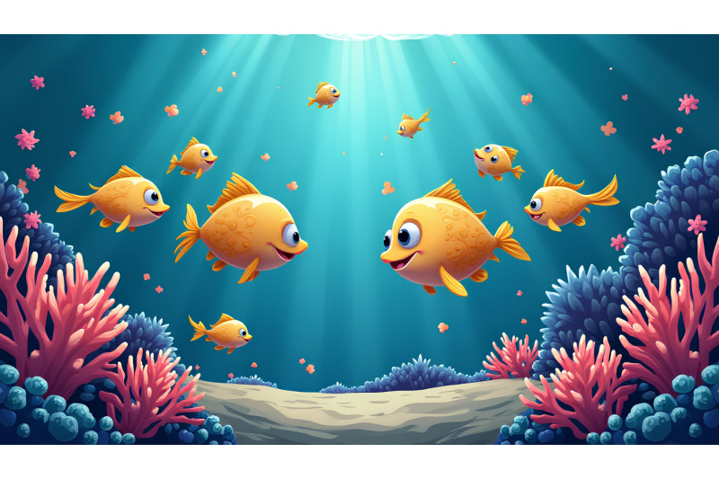 a-group-of-dancing-cartoon-fish-near-a-glowing-coral