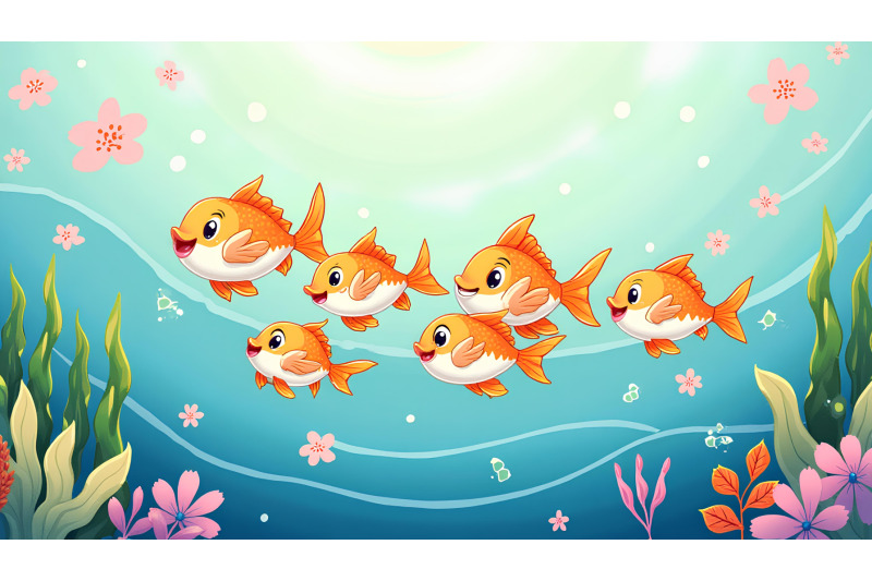 a-group-of-tiny-cartoon-fish-riding-a-sea-current-together