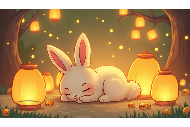 bunny-sleeping-under-glowing-lanterns-realism