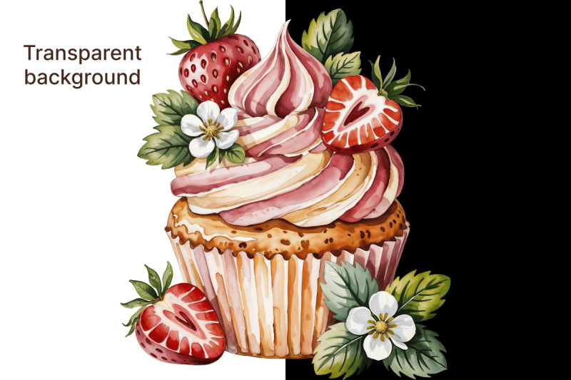 strawberry-cupcake-watercolor-clipart-high-quality-png