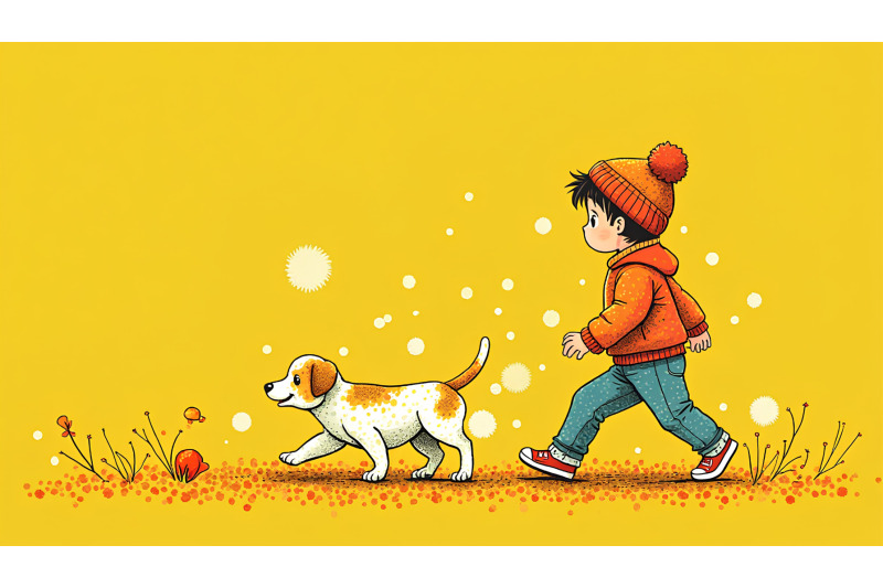 pointillism-dots-vibrant-child-walking-puppy