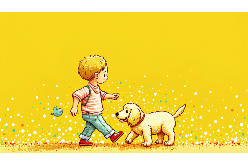 pointillism-dots-vibrant-child-walking-puppy
