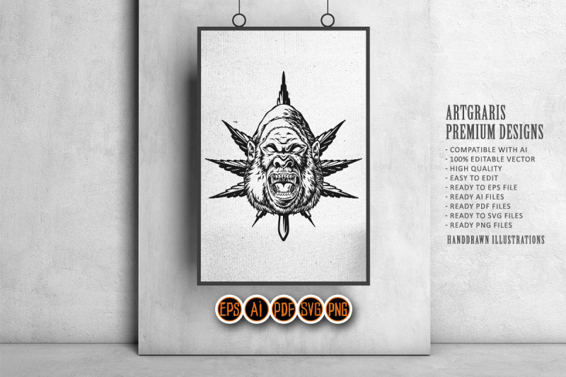 bold-gorilla-and-weed-leaves-outline-monochrome-art