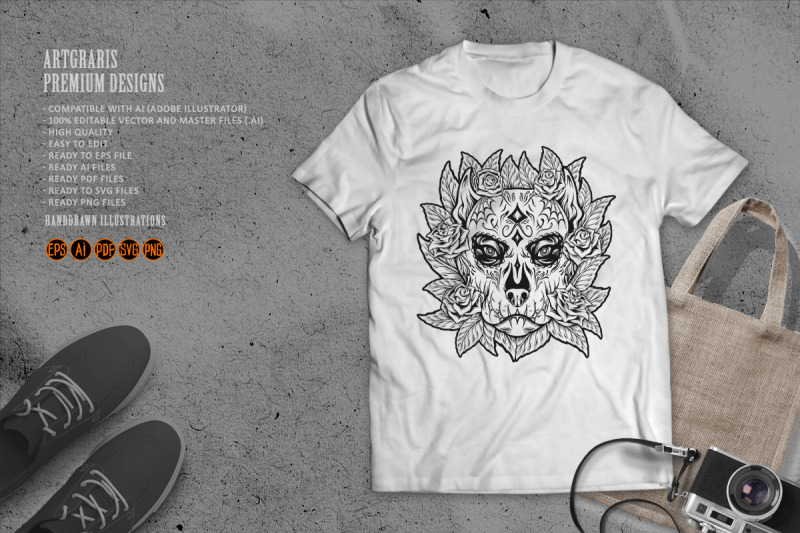 ornamental-dog-skull-with-flowers-latina-monochrome