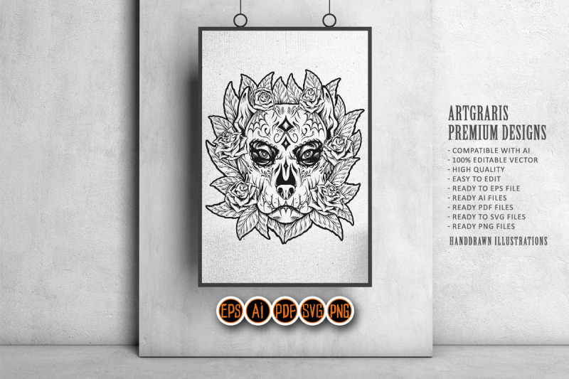 ornamental-dog-skull-with-flowers-latina-monochrome