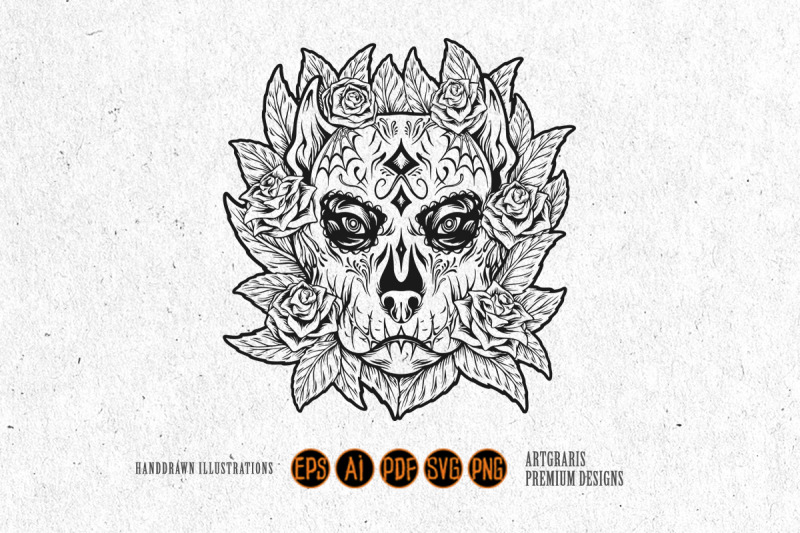ornamental-dog-skull-with-flowers-latina-monochrome