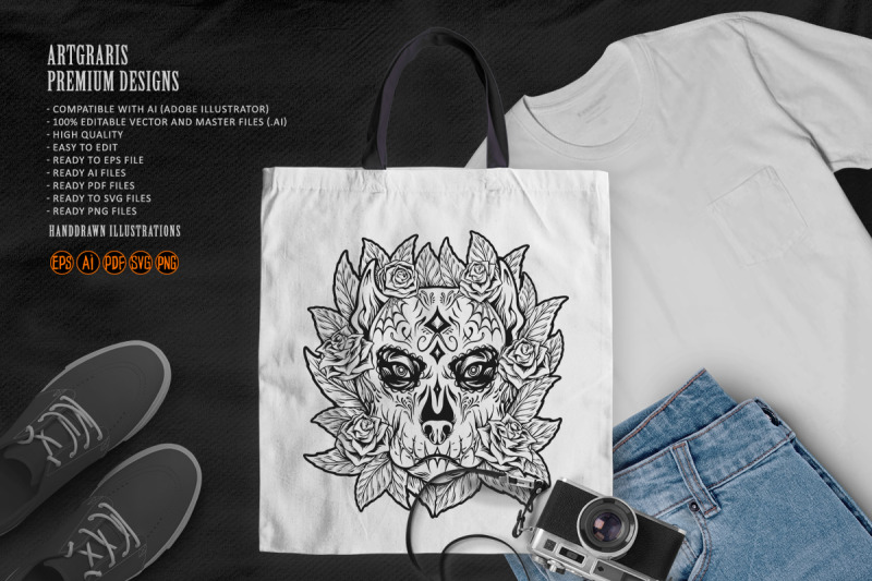 ornamental-dog-skull-with-flowers-latina-monochrome