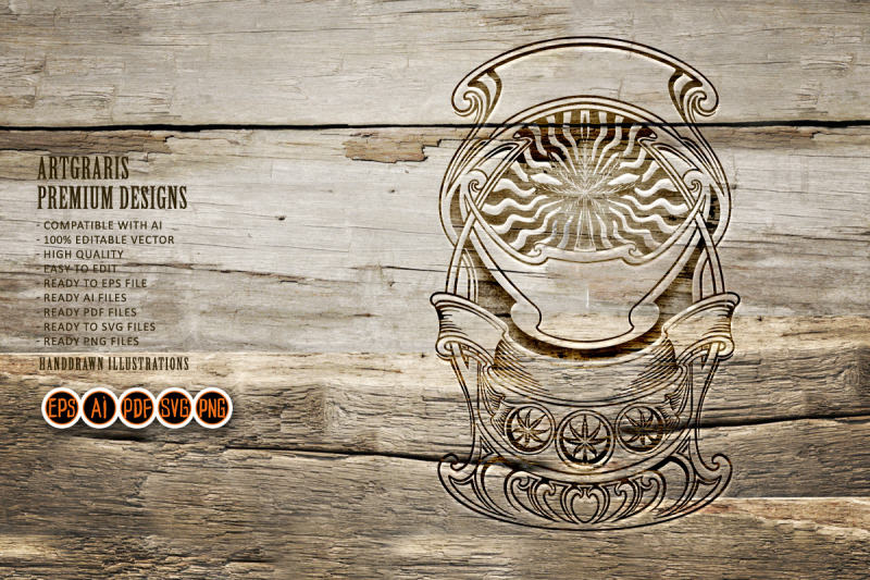 vintage-outline-of-art-nouveau-floral-frame-with-emblems-monochrome