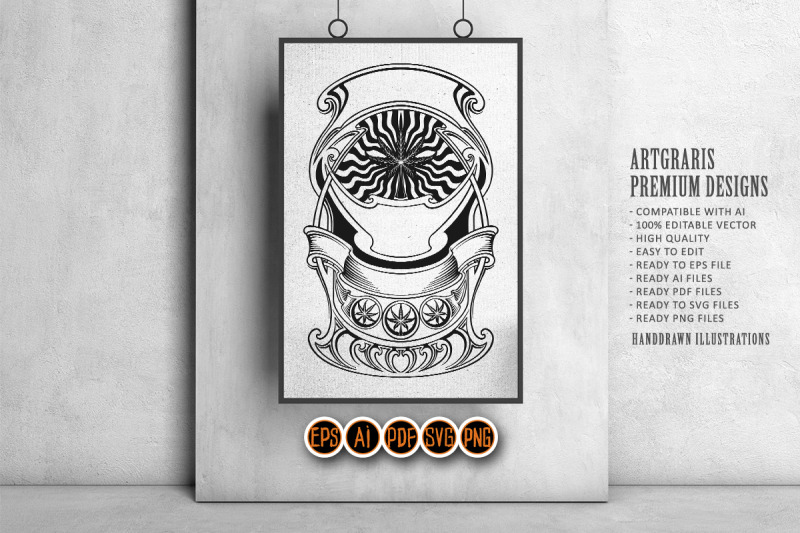 vintage-outline-of-art-nouveau-floral-frame-with-emblems-monochrome