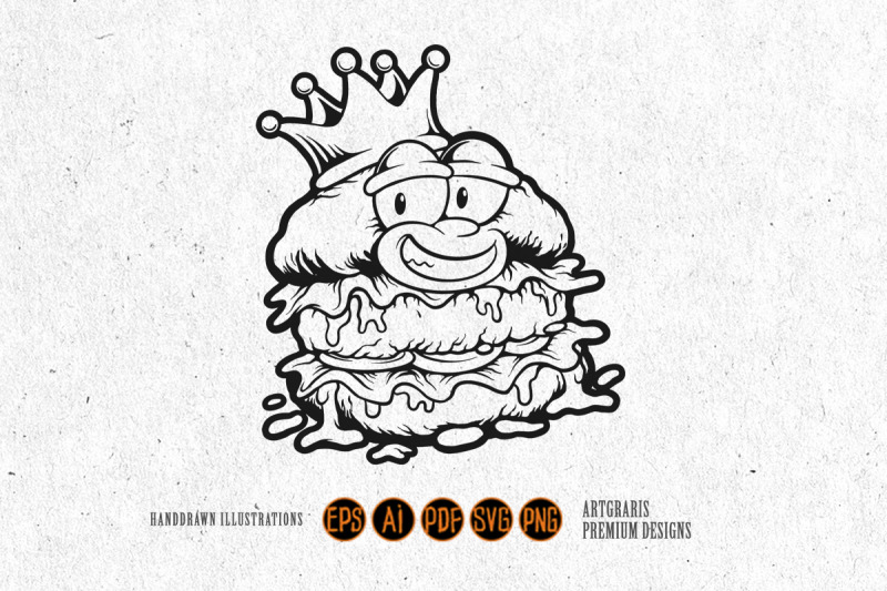 cheerful-burger-with-crown-monochrome-vector-art