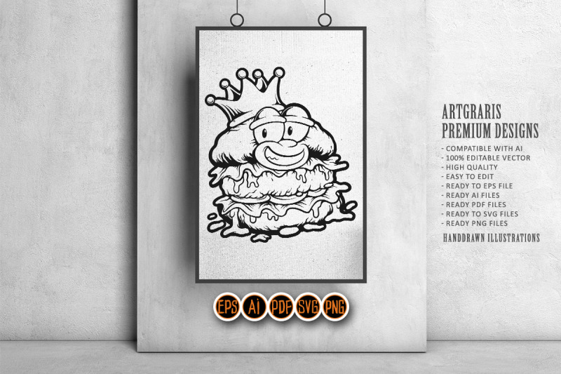 cheerful-burger-with-crown-monochrome-vector-art