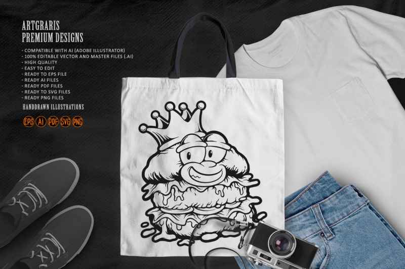 cheerful-burger-with-crown-monochrome-vector-art