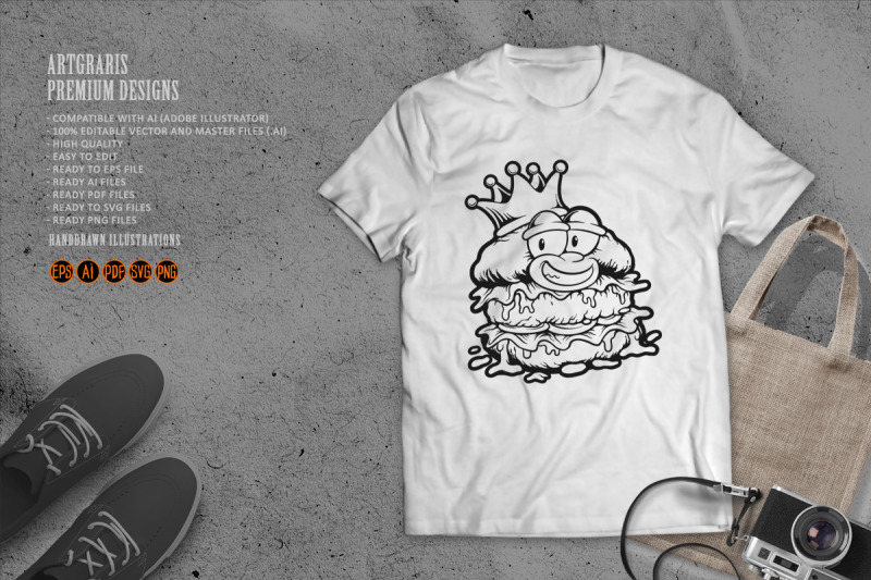 cheerful-burger-with-crown-monochrome-vector-art