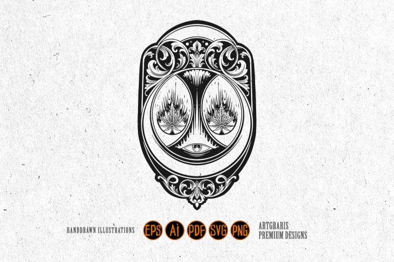 ornamental-cannabis-flower-emblem-outline-monochrome