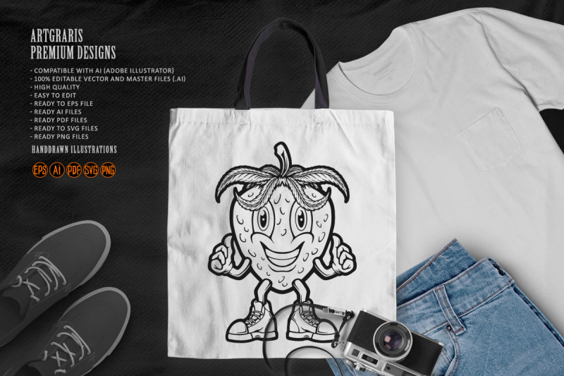 cheerful-strawberry-with-thumbs-up-outline-monochrome