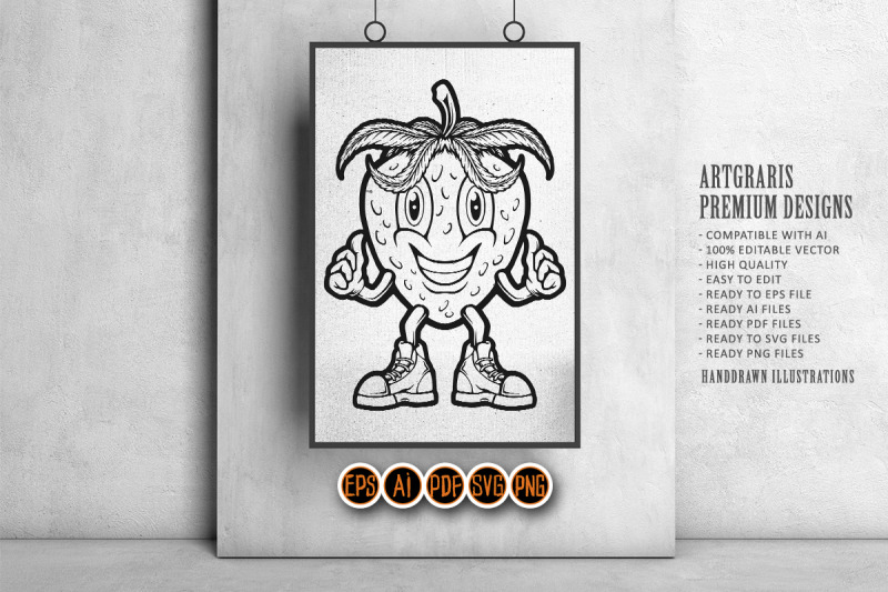 cheerful-strawberry-with-thumbs-up-outline-monochrome