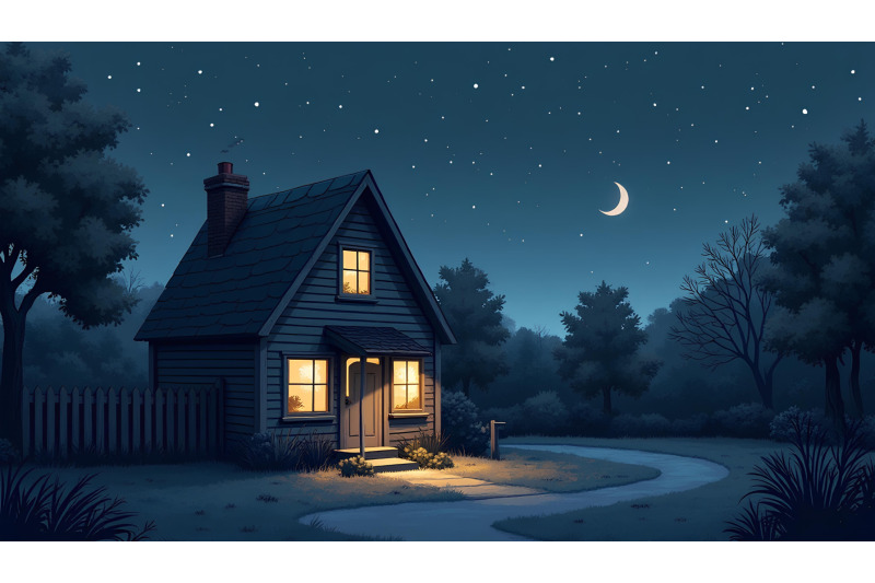 charcoal-sketch-of-glowing-night-home