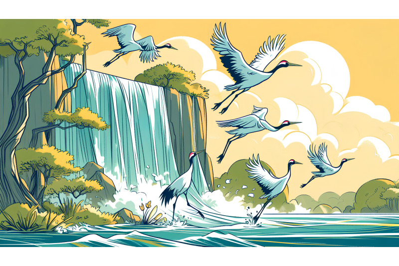 cranes-flying-through-a-waterfall-expressive-brushwork