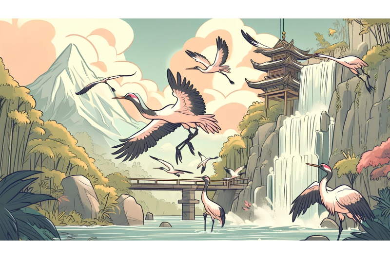 cranes-flying-through-a-waterfall-expressive-brushwork