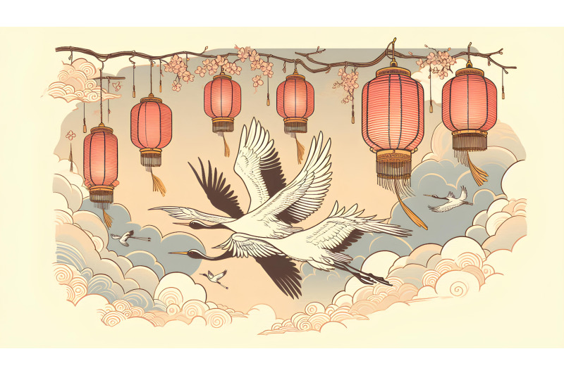 cranes-flying-under-lanterns-ukiyo-e