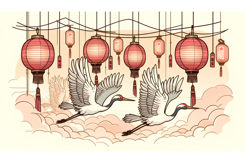 cranes-flying-under-lanterns-ukiyo-e