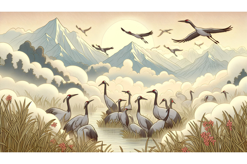 cranes-in-a-misty-valley-pointillism