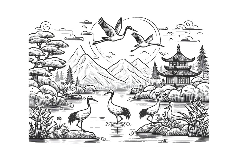 cranes-in-a-peaceful-river-zen-ink