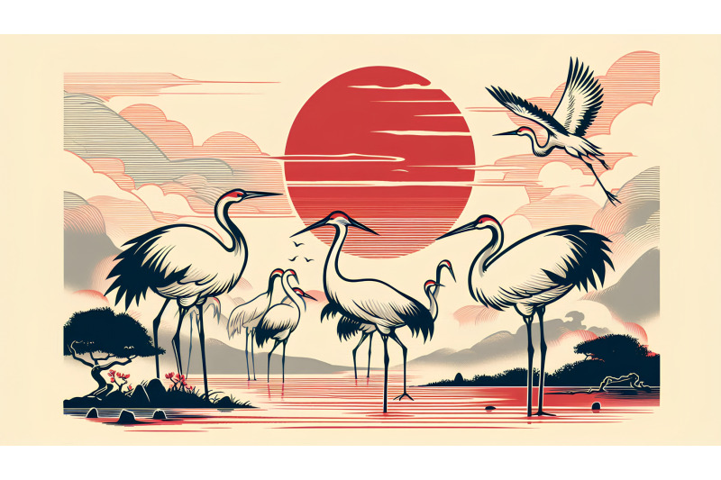cranes-in-a-red-sun-setting-ukiyo-e