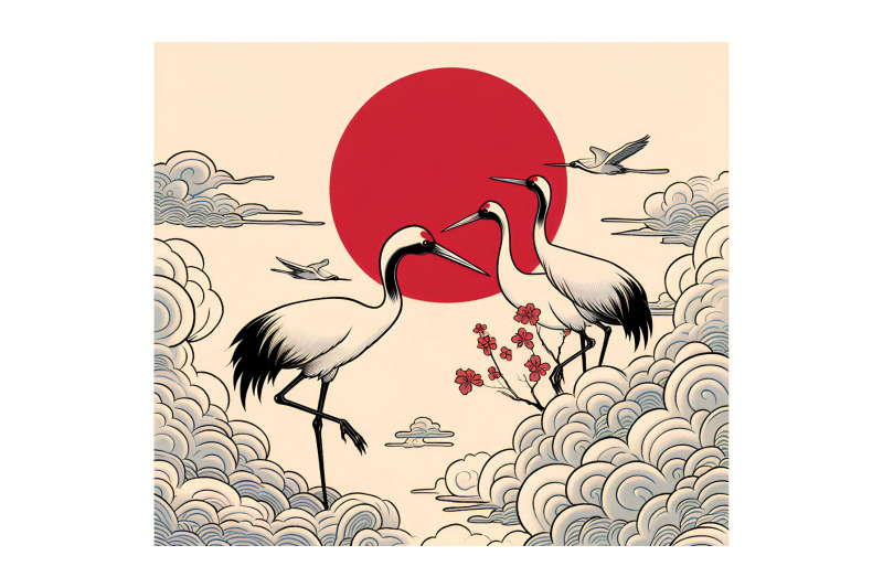 cranes-in-a-red-sun-setting-ukiyo-e