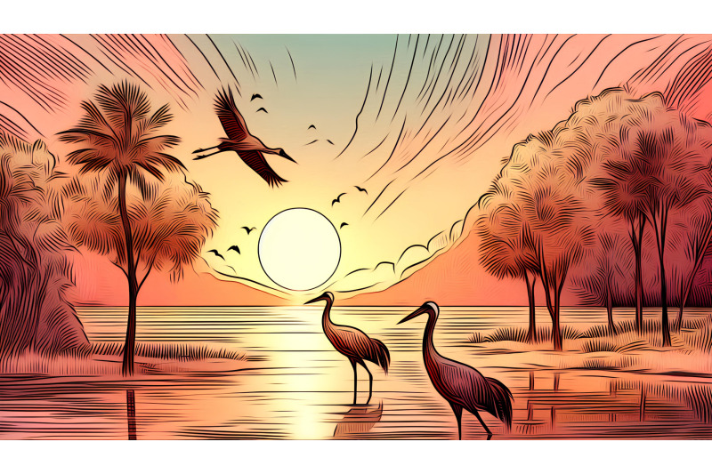 cranes-in-a-sunrise-paradise-warm-glow-impressionism