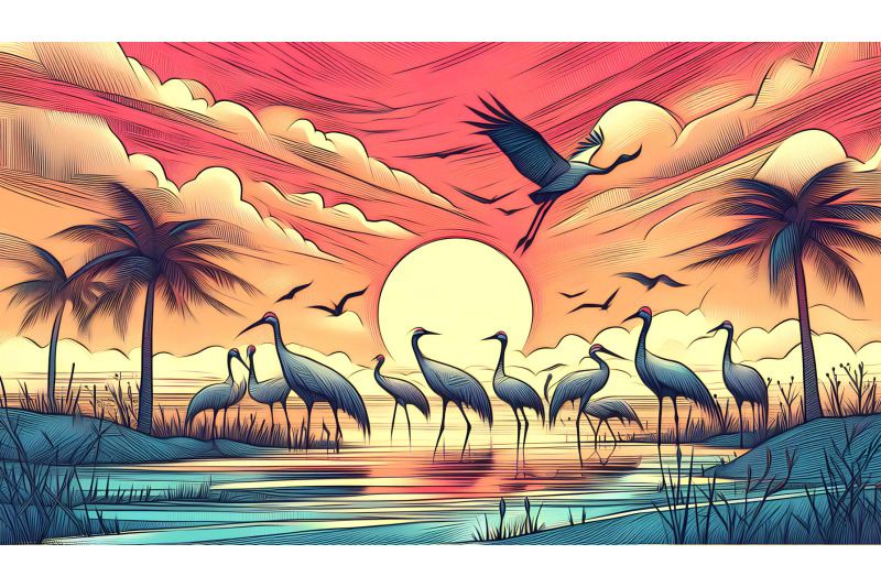 cranes-in-a-sunrise-paradise-warm-glow-impressionism