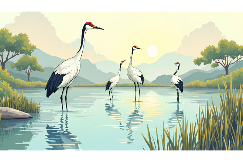 cranes-in-a-tranquil-pond-ink