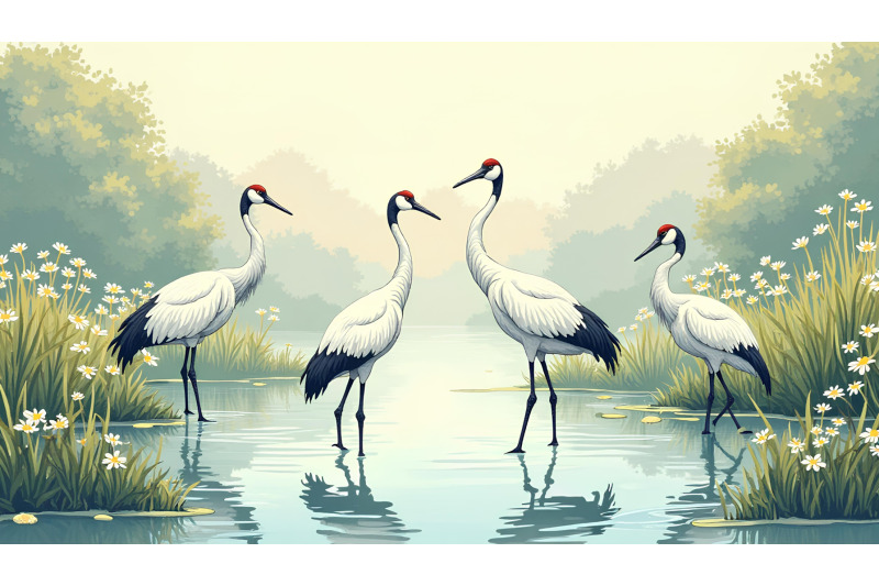 cranes-in-a-tranquil-pond-ink