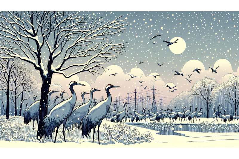cranes-in-a-wintery-dusk-snowy-impressionism